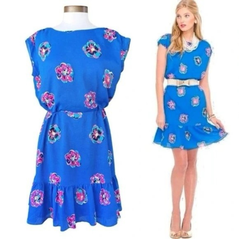 Lilly Pultzer Blue Floral Auburn Dress Flutter Hem Royce Blue Corsage XS